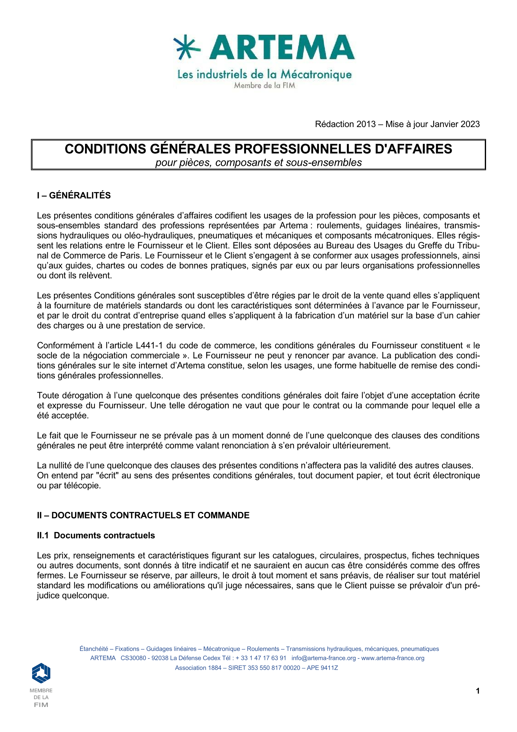 CGV Pièces composants sous-ensembles - Juin 2013-MAJ 2023